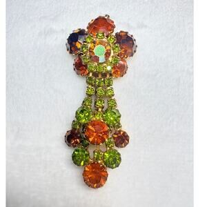 Vintage 1960s Aurora Borealis Rhinestone Pendant with Peridot and Amber Colorway